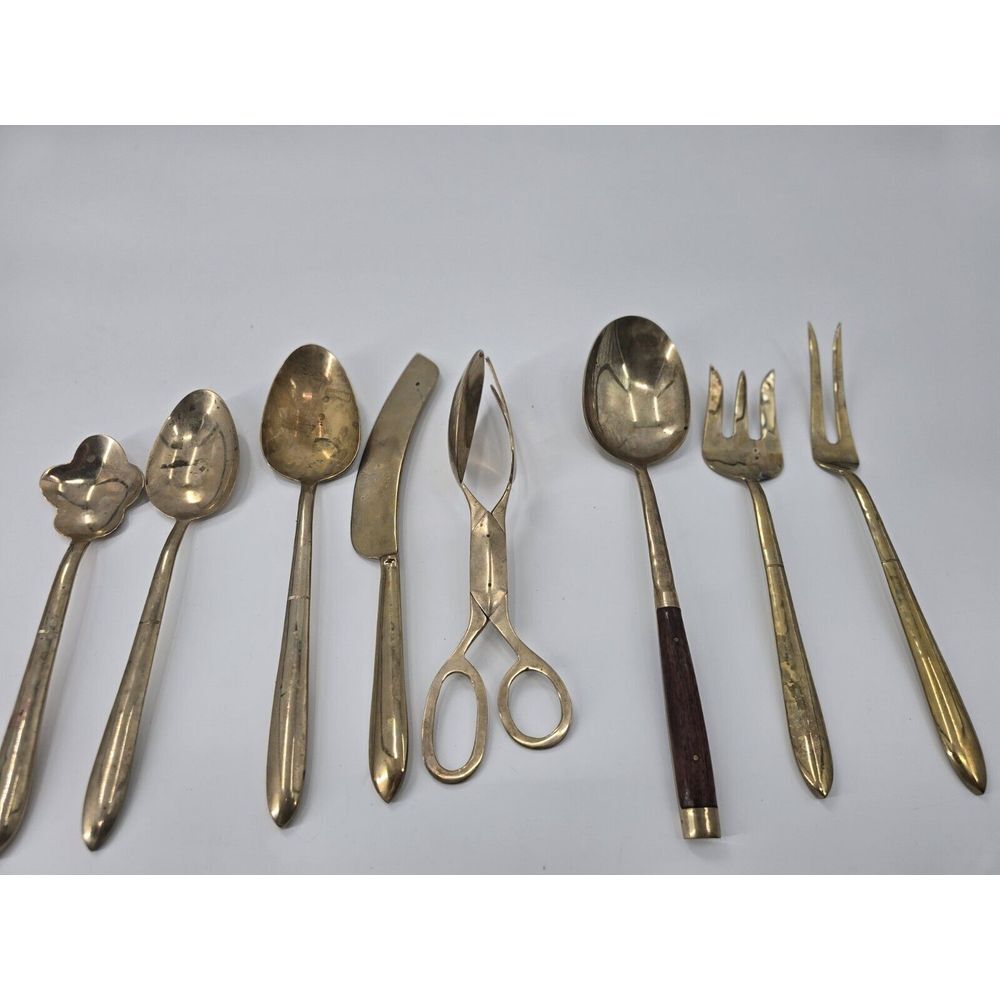 8 Pc Vintage‎  Piece Flatware Serving Set THAILAND Bronze & Wood